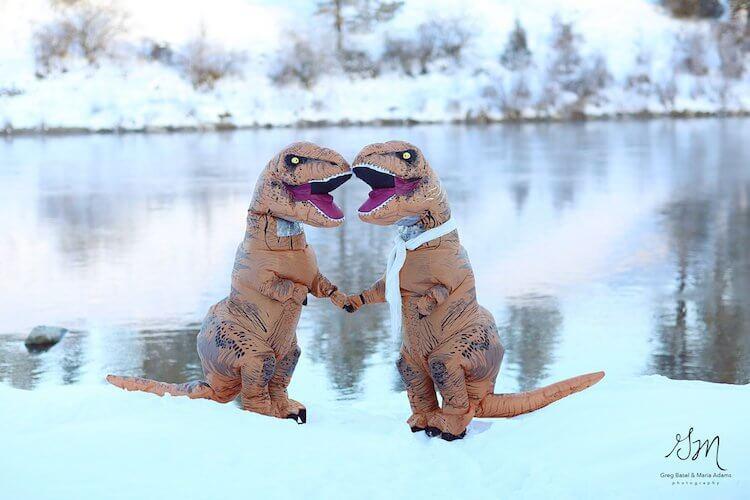 Melhor casal - Eles fizeram álbum de casamento fantasiados de T-Rex